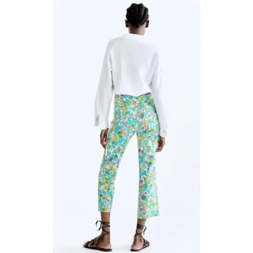 NWT Zara Floral Printed Linen Blend High Waisted Cropped Flare Trousers, Size 4